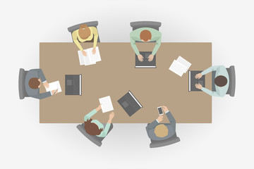 Employees working at table in office. Top view. Vector.
