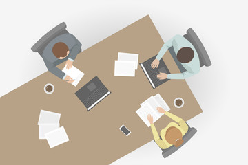 Office workers sitting at table and working on laptops. Top view. Vector.