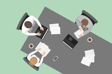 Team of managers working at table. Top view. Vector.