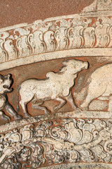 Detail of ornaments with asian ox on moonstone, Anuradhapura, Sri Lanka