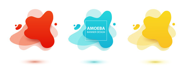Amoeba liquid design. Dynamical colored forms of amoeba. Modern banner template for logo, flyer, presentation design. Yellow, red, blue colors.