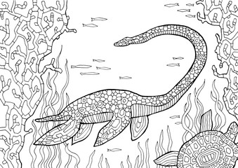 Dinosaur coloring book for children and adults, stylish hand drawn illustration. Design for wallpapers, packaging, postcards and posters. Black and white. Wild nature.