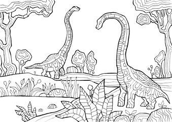 Dinosaur coloring book for children and adults, stylish hand drawn illustration. Design for wallpapers, packaging, postcards and posters. Black and white. Wild nature.