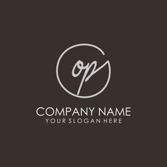 OP initials signature logo. Handwritten vector logo template connected to a circle. Hand drawn Calligraphy lettering Vector illustration.