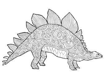 Dinosaur coloring book for children and adults, stylish hand drawn illustration. Design for wallpapers, packaging, postcards and posters. Black and white. Wild nature.