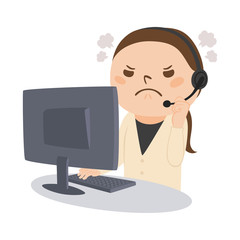 職業のイラスト。女性の電話オペレーター。怒っている女性。