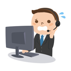 職業のイラスト。男性の電話オペレーター。慌てている男性。