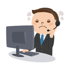 職業のイラスト。男性の電話オペレーター。怒っている男性。