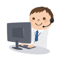職業のイラスト。男性の電話オペレーター。ヘッドセットを付けて仕事をしている男性。