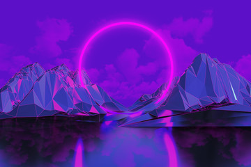 neon ring in low poly mountains