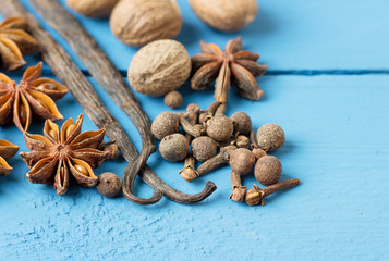 Natural aroma spices for pastry  on a blue background.