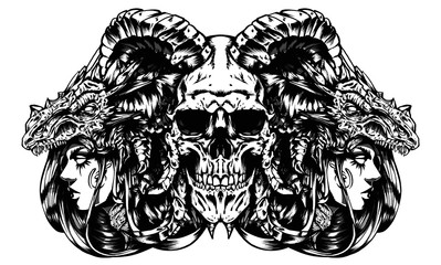 demon skull with witches on the sides