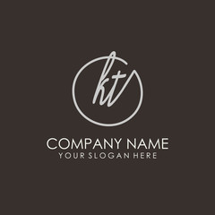 KT initials signature logo. Handwritten vector logo template connected to a circle. Hand drawn Calligraphy lettering Vector illustration.