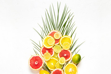 Tropical fruits and palm leaves on a white background.