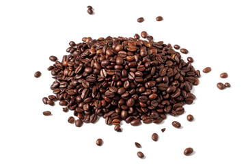 Coffee beans background isolated on white background. Top view. 