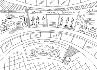 Shopping mall graphic black white interior sketch illustration vector