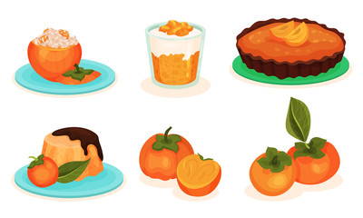 Persimmon Desserts Collection, Stuffed and Whole Fruits, Pudding, Pie, Vector Illustration