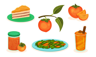 Persimmon Desserts Collection, Cake, Salad, Juice, Jam Jar Vector Illustration
