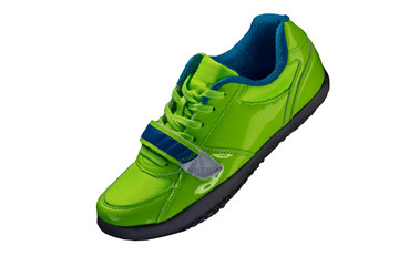 Green glossy sneaker on a white background. Sport shoes
