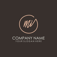 MI initials signature logo. Handwritten vector logo template connected to a circle. Hand drawn Calligraphy lettering Vector illustration.