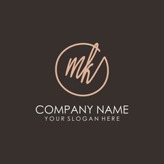 MK initials signature logo. Handwritten vector logo template connected to a circle. Hand drawn Calligraphy lettering Vector illustration.