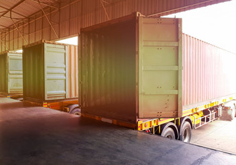The truck container docking load cargo shipment at warehouse, freight industry logistics and transport