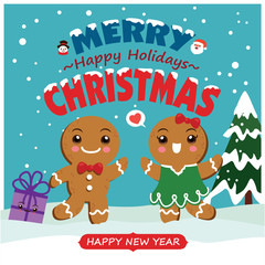 Vintage Christmas poster design with vector gingerbread man, Santa Claus, snowman characters.