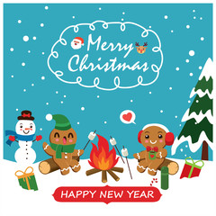 Vintage Christmas poster design with vector gingerbread man, Santa Claus, snowman, reindeer characters.