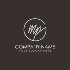 MP initials signature logo. Handwritten vector logo template connected to a circle. Hand drawn Calligraphy lettering Vector illustration.