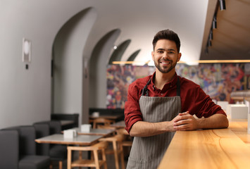 Young male business owner standing near counter in his cafe. Space for text