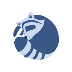 Decorative vector sleeping raccoon lying isolated on white background, wild mammal, hand drawn cartoon illustration cute animal for design good night card, children pattern, cartoon poster for kids