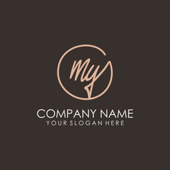 MY initials signature logo. Handwritten vector logo template connected to a circle. Hand drawn Calligraphy lettering Vector illustration.
