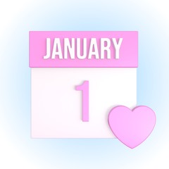 January 1 romantic calendar with pink heart. Love anniversary concept. Relationship date. 3d illustration