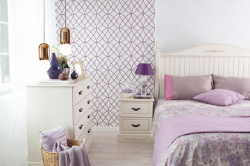 purple bedroom interior design concept and modern lamp - obrazy, fototapety, plakaty
