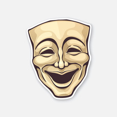 Vector illustration. Theatrical comedy mask. Vintage opera mask for happy actor. Face expresses positive emotion. Movie industry. Sticker with contour. Isolated on white background