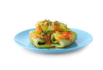 Delicious cabbage rolls with sauce isolated on white