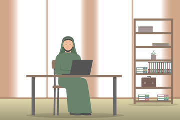 Arab employee in green kandura working in office. Vector illustration.