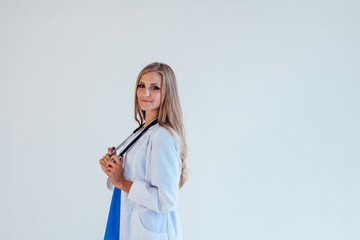 Woman blonde doctor treated in hospital medicine clinic