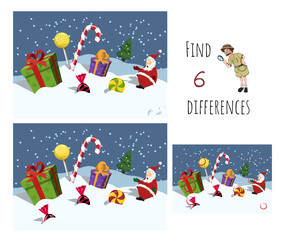 Find 7 differences. Educational game for children. Cartoon Santa, gifts and candy. Christmas puzzle