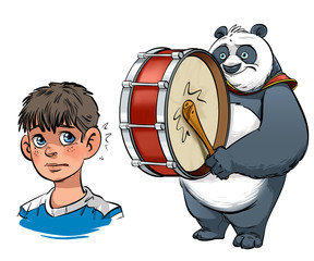 The panda playing the drums and the surprised boy. © BARIS
