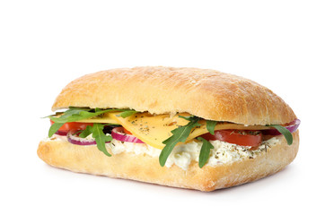 Delicious sandwich with fresh vegetables and cheese isolated on white