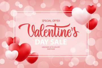 Fototapeta na wymiar Valentine's Day Sale special offer promotional banner with hand drawn lettering and hearts for holiday shopping. Discount up to 50% off. Shop now. Vector illustration.