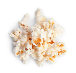 Tasty fresh pop corn isolated on white, top view