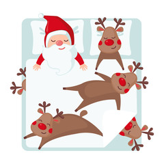 Sleeping Santa Claus and Deers the day after Christmas isolated on white background.