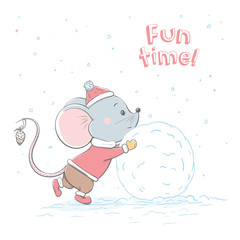 Lovely cute cheerful mouse rolls a big snowball. Winter card with cartoon style animal.