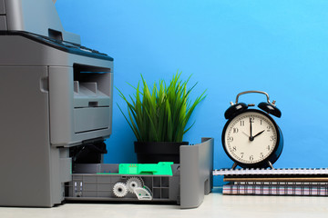 Printer, copier, scanner on color background . Office table - Image