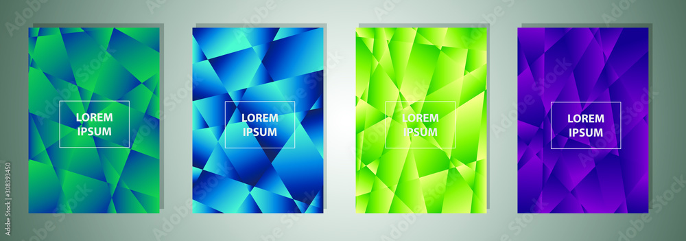 Poster set of colorful low poly vector pattern gradient set. modern smartphone screen, mobile app template.