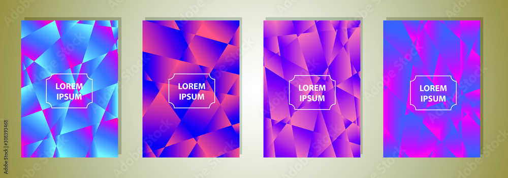 Poster set of colorful low poly vector pattern gradient set. modern smartphone screen, mobile app template.