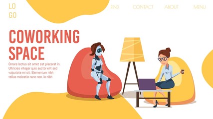 Coworking Office with Digital Services Trendy Flat Vector Web Banner, Landing Page Template. Businesswoman, Female Freelancer Using Laptop, Working in Comfortable Office with Robots Illustration
