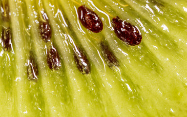 Seeds on a sliced green kiwi as a background
